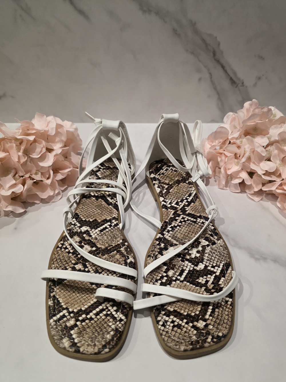 Shoe Dazzle - White Strappy Snake-Print Lace-Up Sandals